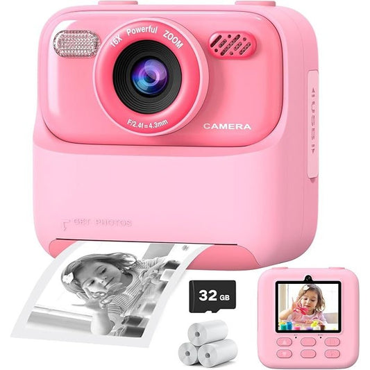 Instant Print Camera For Kids 1080P Video 32GB With Accessories Pink