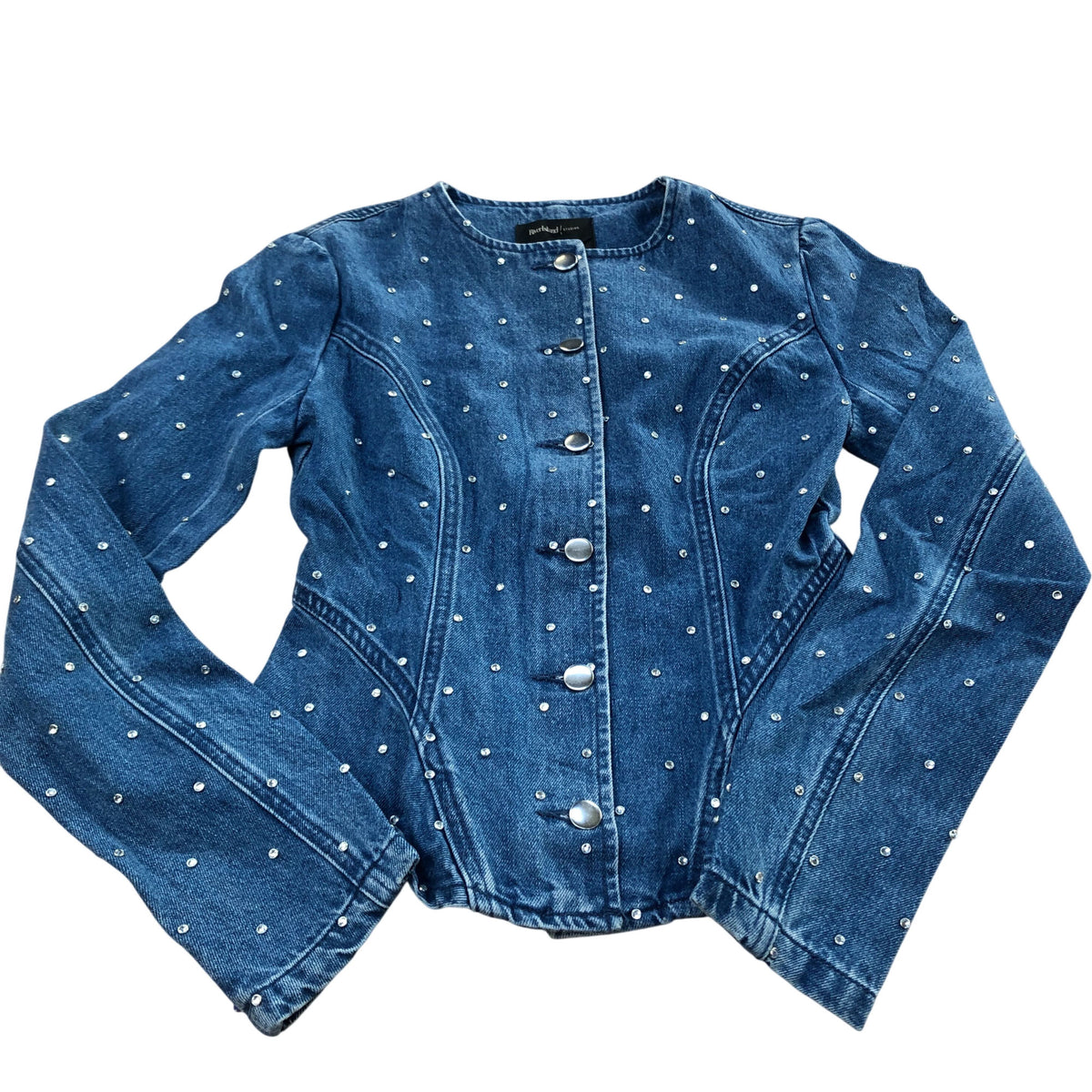 River Island Women's Denim Jacket With Rhinestones Blue Cotton
