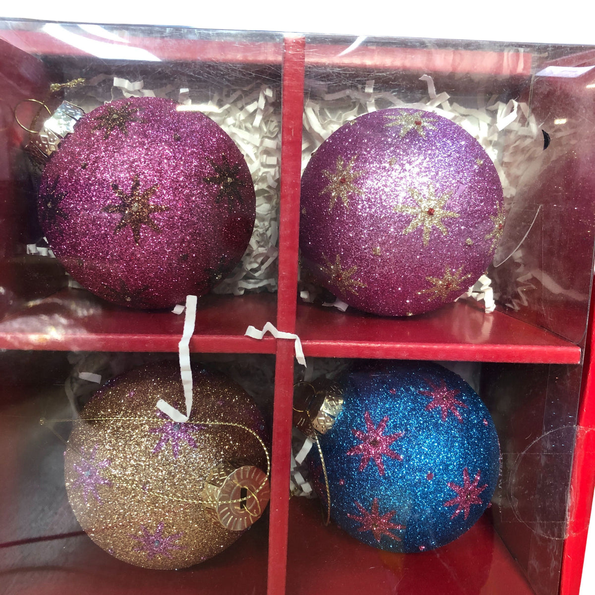 9 Glass Baubles Christmas Ornaments Glitter Red Pink Gold Blue Silver Set