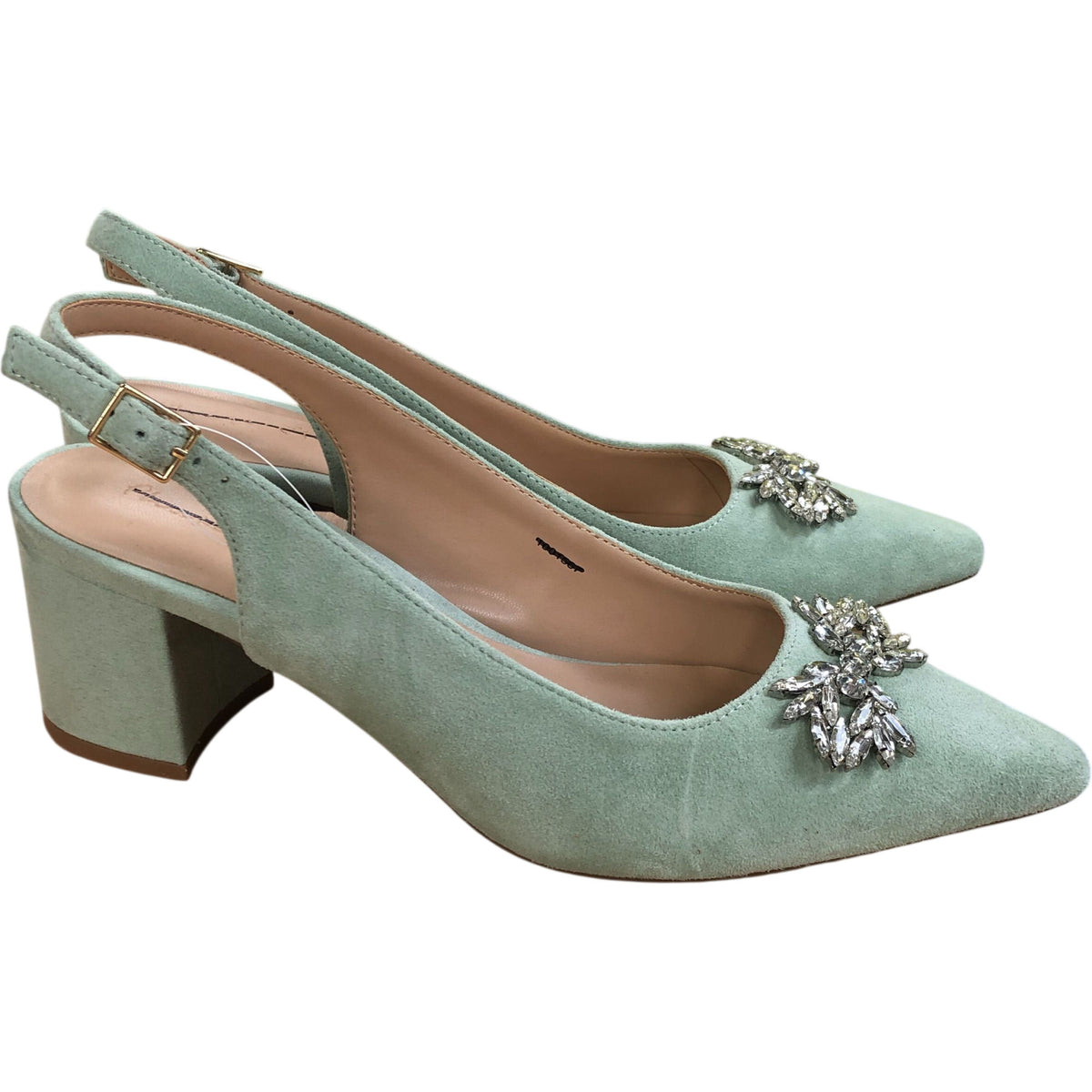 Pointed Toe Dusty Blue Suede Slingback Heels Crystal Detail