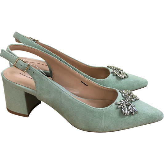 Pointed Toe Dusty Blue Suede Slingback Heels Crystal Detail