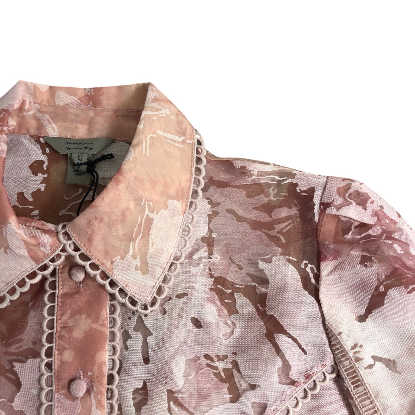 River Island Print Blouse UK10 Women's Sheer Pink Lightweight Shirt