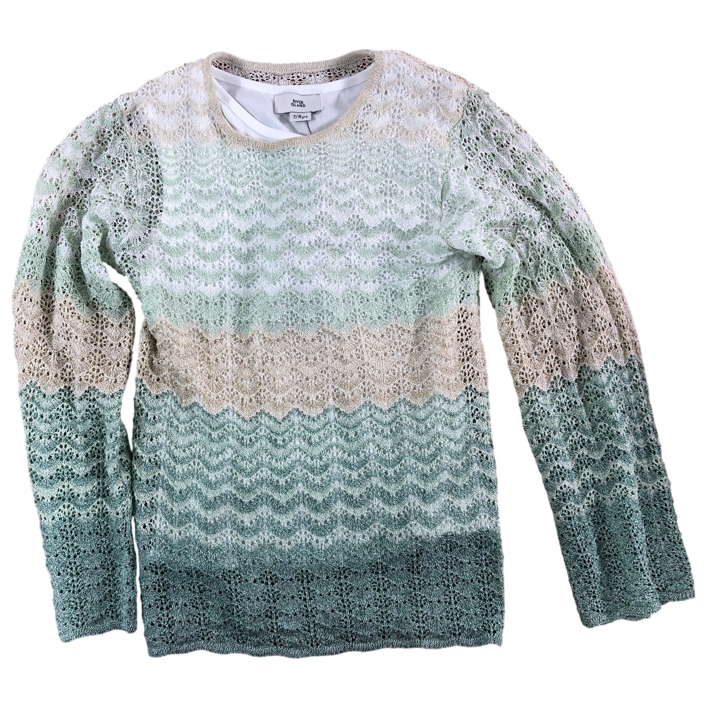 River Island Girls Cardigan UK7-8 Light Green Knitted Lace Style Sweater