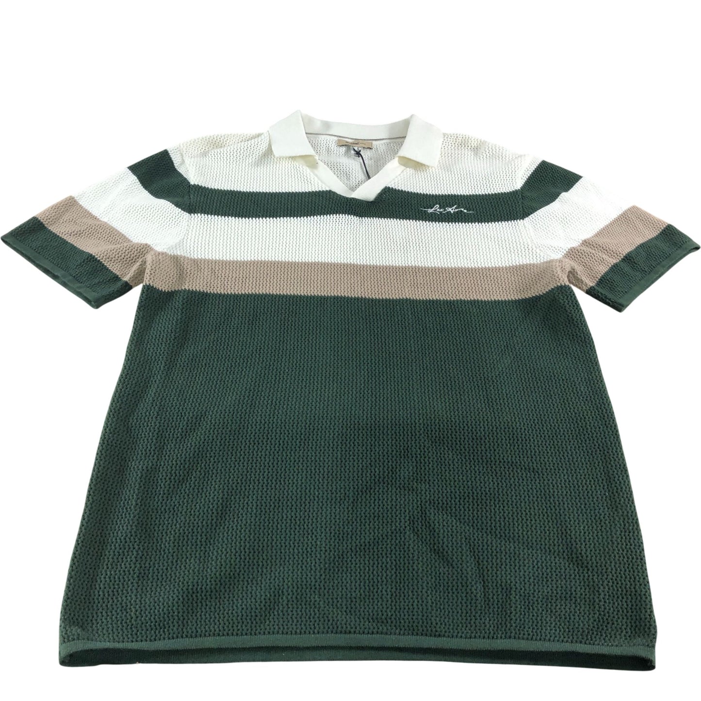 River Island Stripe Polo Shirt Size S Men's Casual Green Cream Cotton Knit