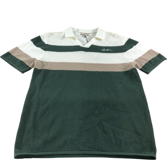 River Island Stripe Polo Shirt Size S Men's Casual Green Cream Cotton Knit