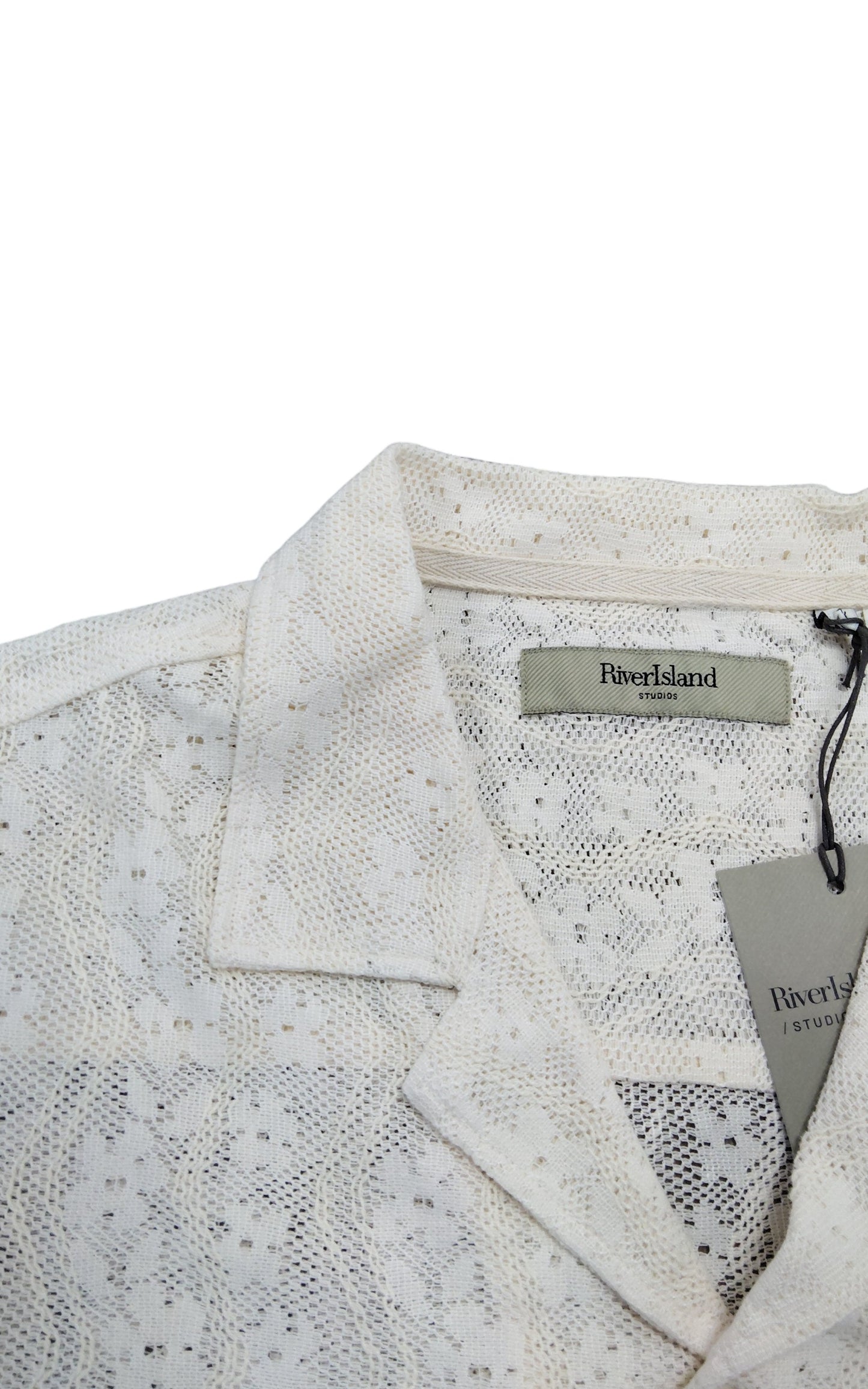 River Island Short Sleeve Lace Shirt XL Men's Cream Summer Casual Top