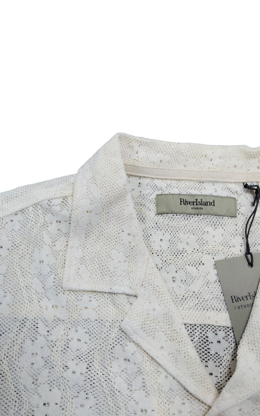 River Island Short Sleeve Lace Shirt XL Men's Cream Summer Casual Top