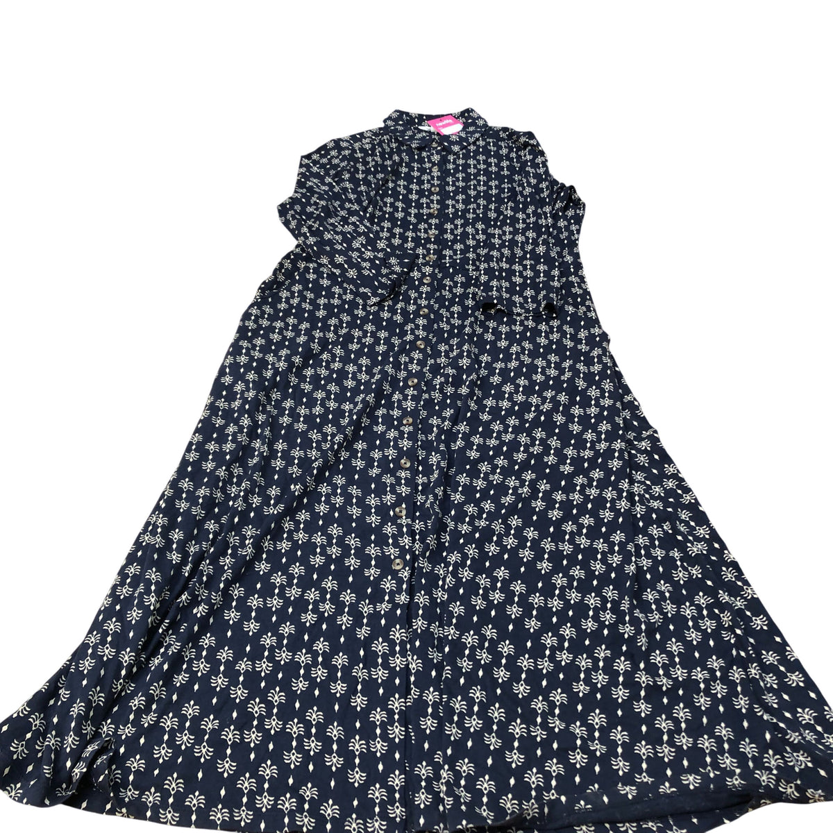 Long Sleeve Midi Dress UK12 Women's Navy Floral Pattern Organic Cotton