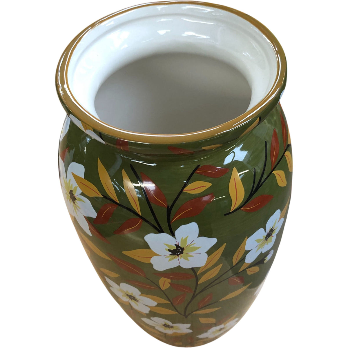 Floral Decorative Vase Green With White Flowers