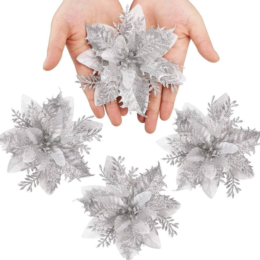 Silver Glitter Poinsettia Artificial Flowers 5.5" Pack Of 12