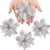 Silver Glitter Poinsettia Artificial Flowers 5.5" Pack Of 12