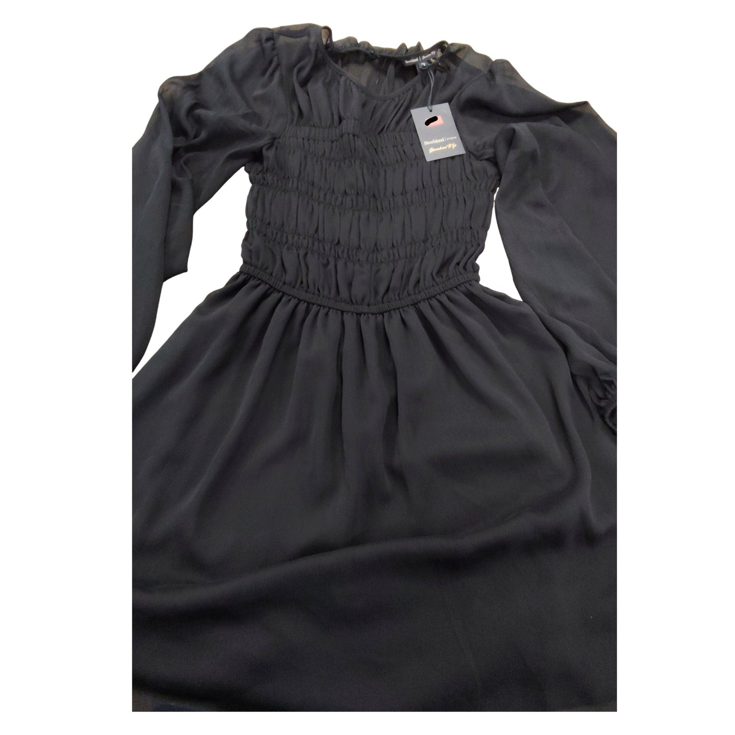 River Island Black Chiffon Dress Size 10 Women's Long Sleeve Smocked