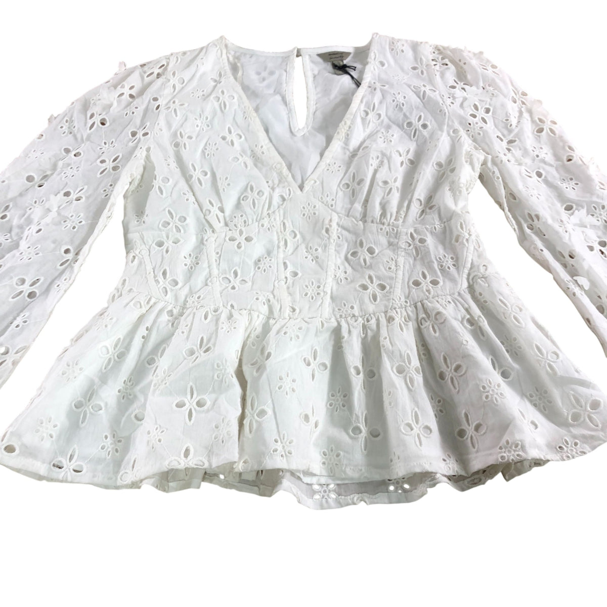 River Island White Peplum Top UK6 Women's Embroidered Long Sleeve Blouse