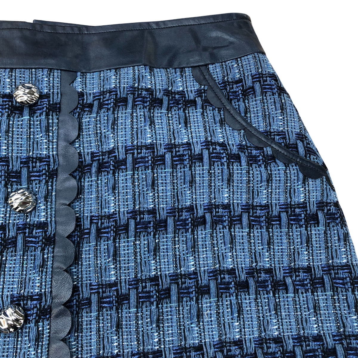 River Island Tweed Mini Skirt UK12 Women's Blue Patterned with Pocket Detail