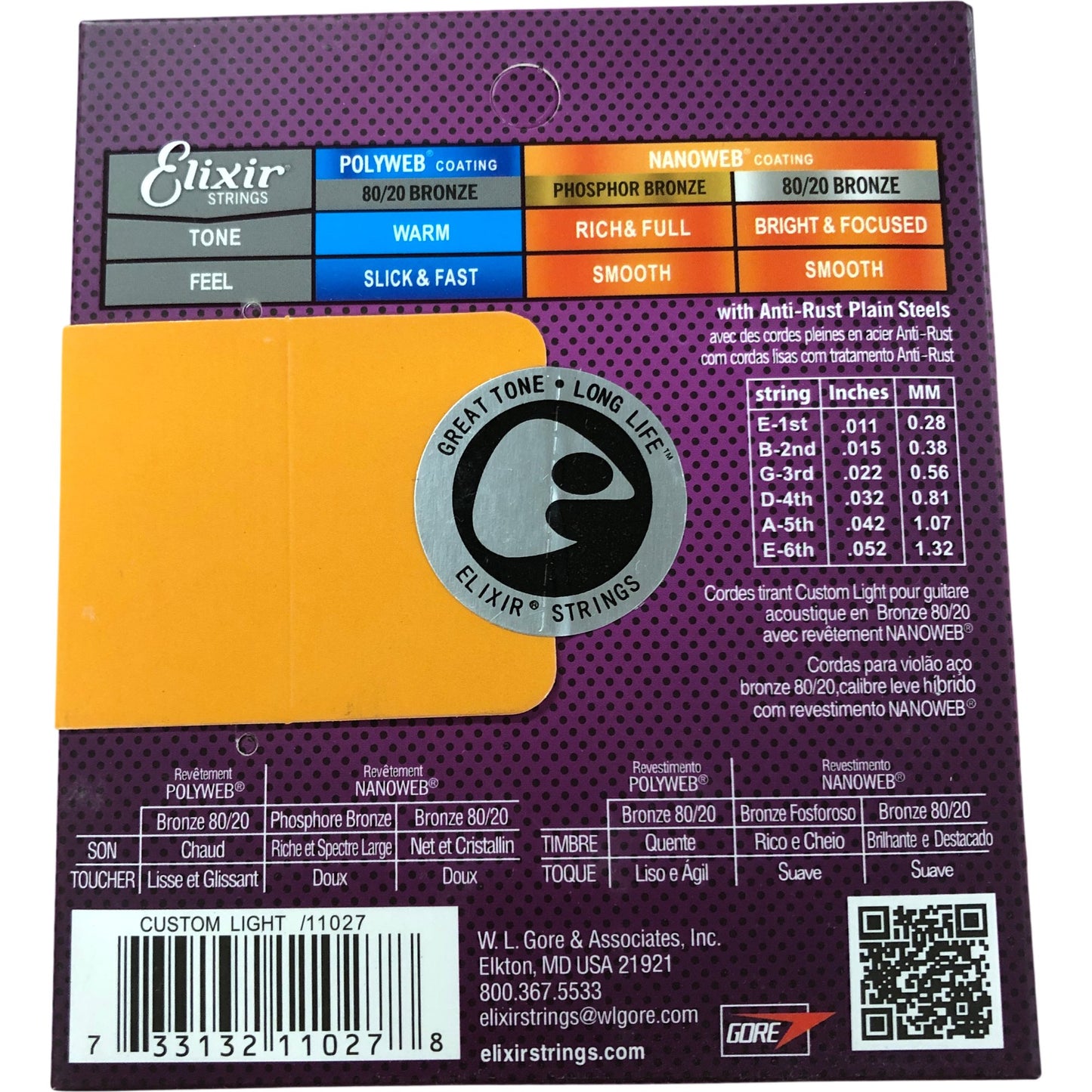 Elixir Acoustic Guitar Strings 80/20 Bronze 11-52 Custom Light Nanoweb Coating