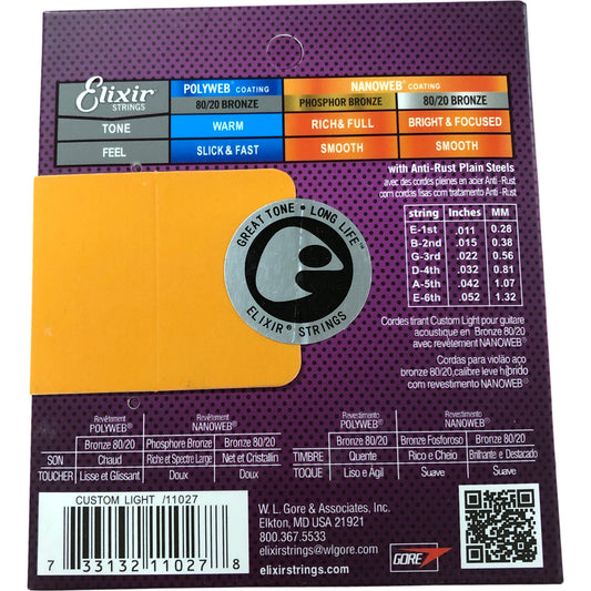 Elixir Acoustic Guitar Strings 80/20 Bronze 11-52 Custom Light Nanoweb Coating