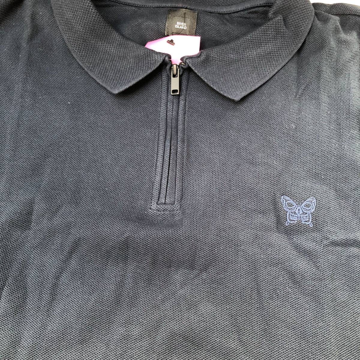 River Island Zip Polo Shirt 5XL Men's Short Sleeve Cotton Black Casual Wear
