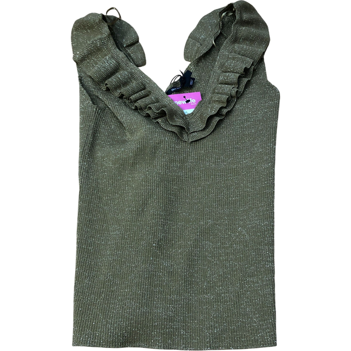 River Island V Neck Frill Strap Top UK Size M Women's Olive Green