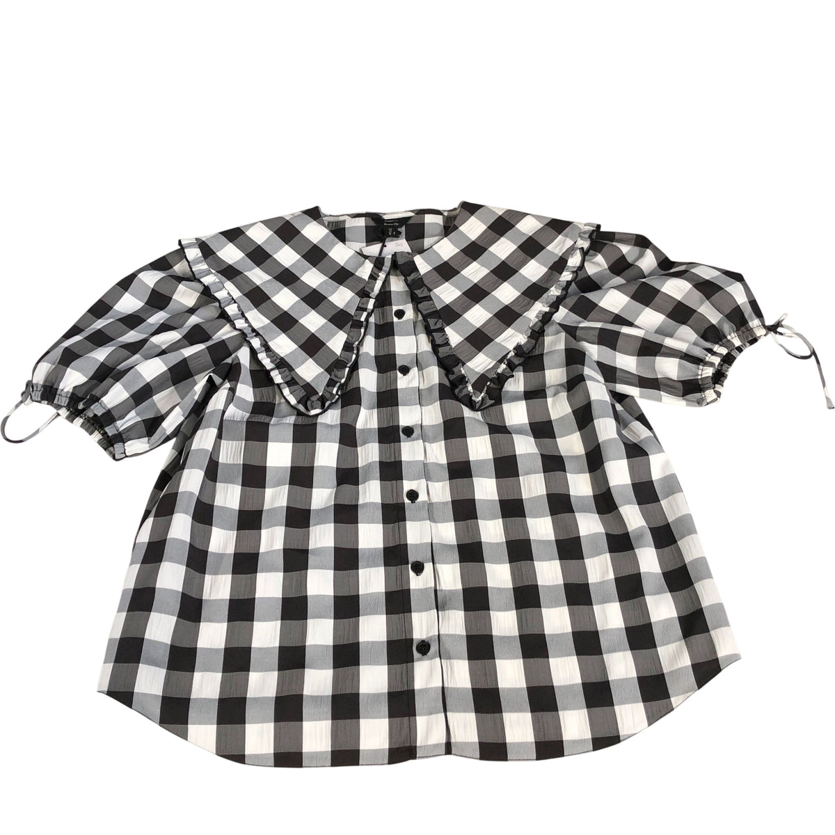 River Island Check Print Blouse UK12 Women's Black White Puff Sleeve Top