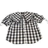River Island Check Print Blouse UK12 Women's Black White Puff Sleeve Top