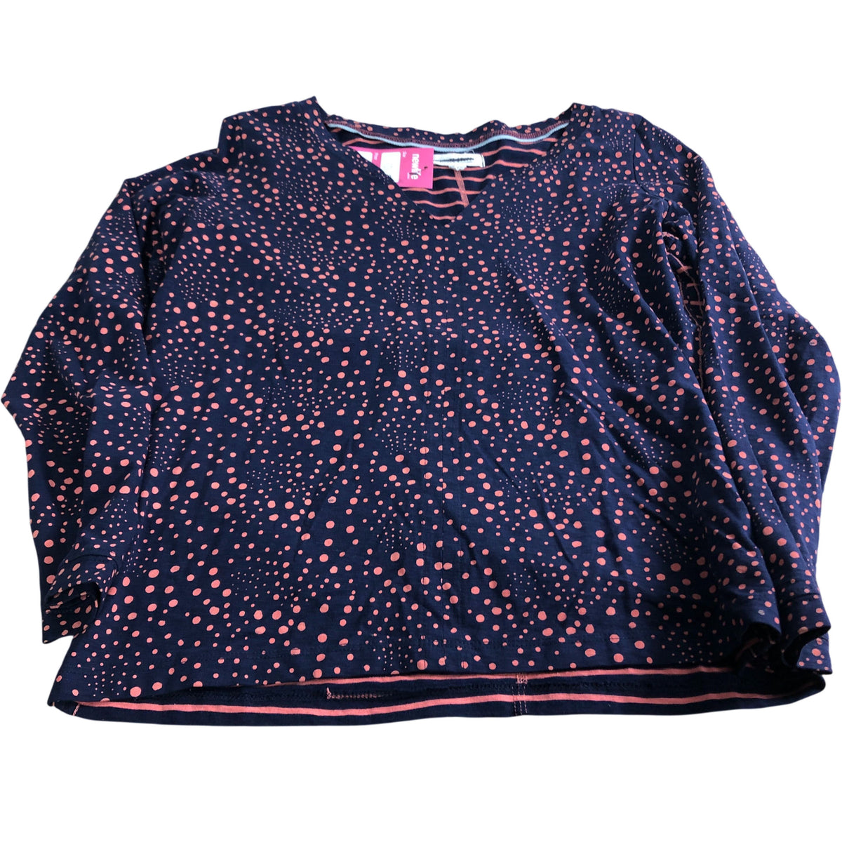Women's Cotton Top UK10 V Neck Navy Pink Polka Dot Long Sleeve Blouse