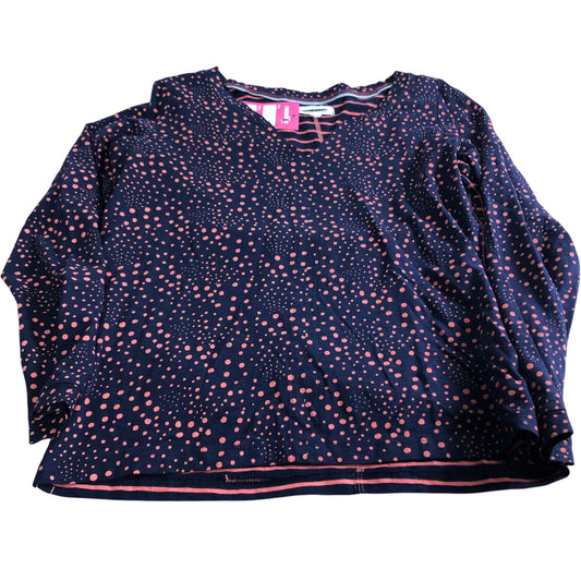 Women's Cotton Top UK10 V Neck Navy Pink Polka Dot Long Sleeve Blouse