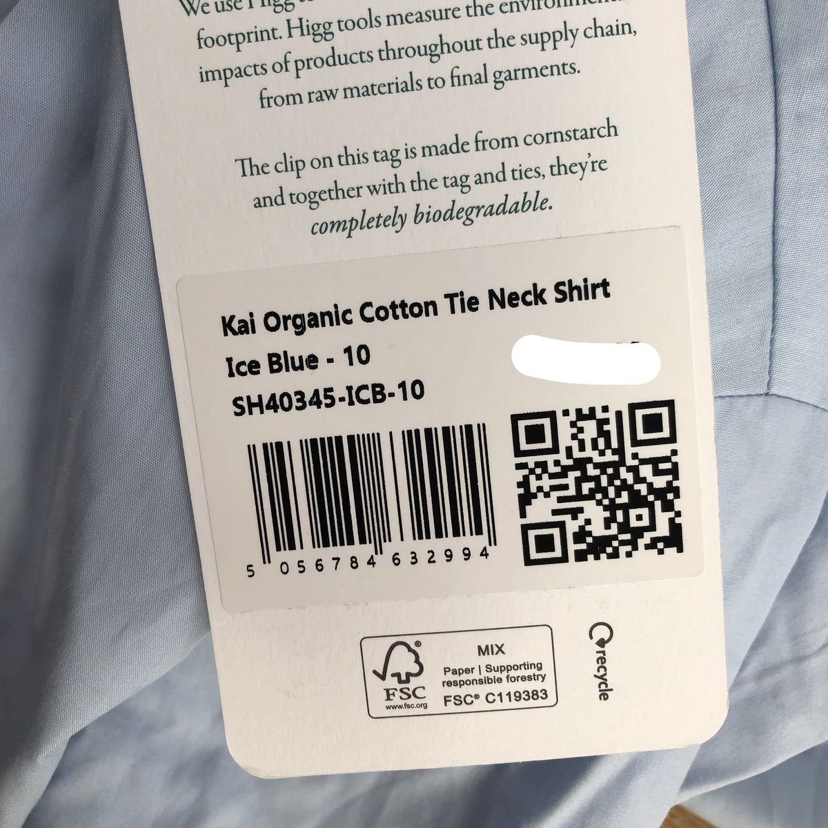 Baukjen Kai Organic Cotton Tie Neck Shirt Ice Blue Size 10