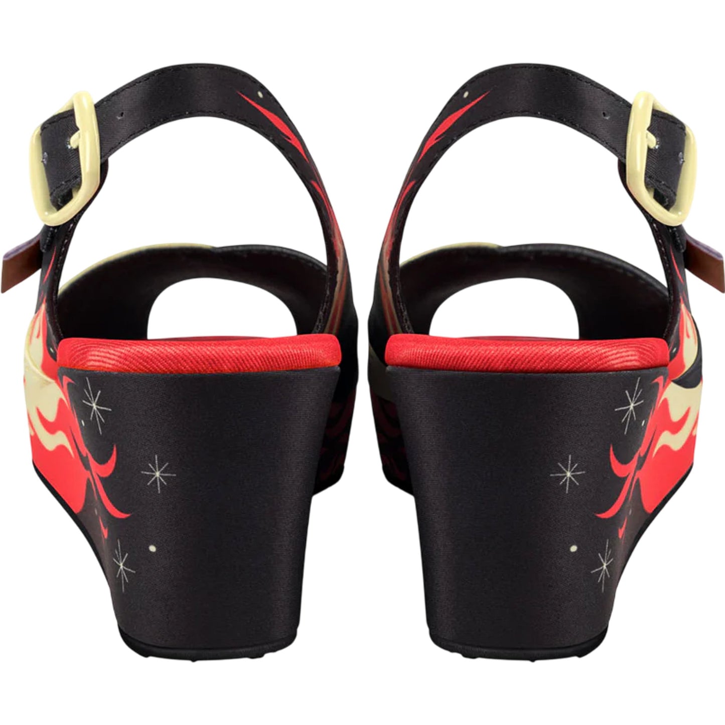 Hot Chocolate Design Women's Slingback Wedge Heels UK3.5 Black Red Flame Print