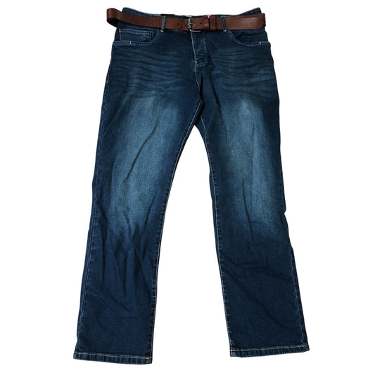 Crosshatch Farrowed 40S Men's Denim Jeans With Brown Leather Belt Dark Wash