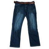 Crosshatch Farrowed 40S Men's Denim Jeans With Brown Leather Belt Dark Wash