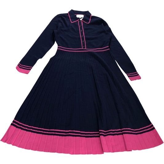 UK12 Women's Long Sleeve Dress Navy Pink Striped Pleated