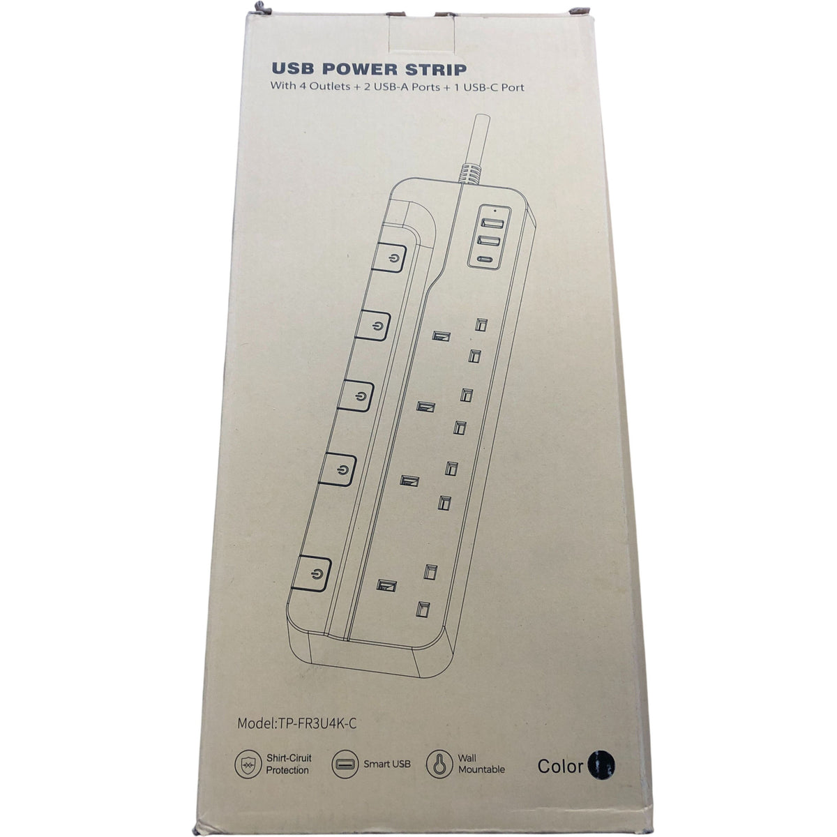 Toprek USB Power Strip 4 Outlets 2 USB-A Ports 1 USB-C Black 13A 3250W