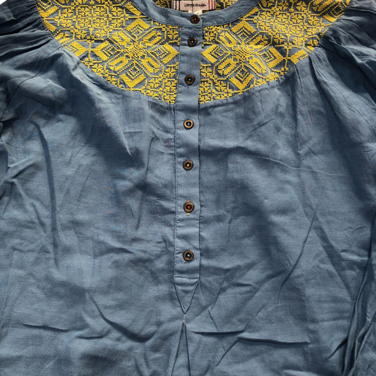 Blue Button Up Women's Blouse Size UK20 Embroidered Cotton Viscose