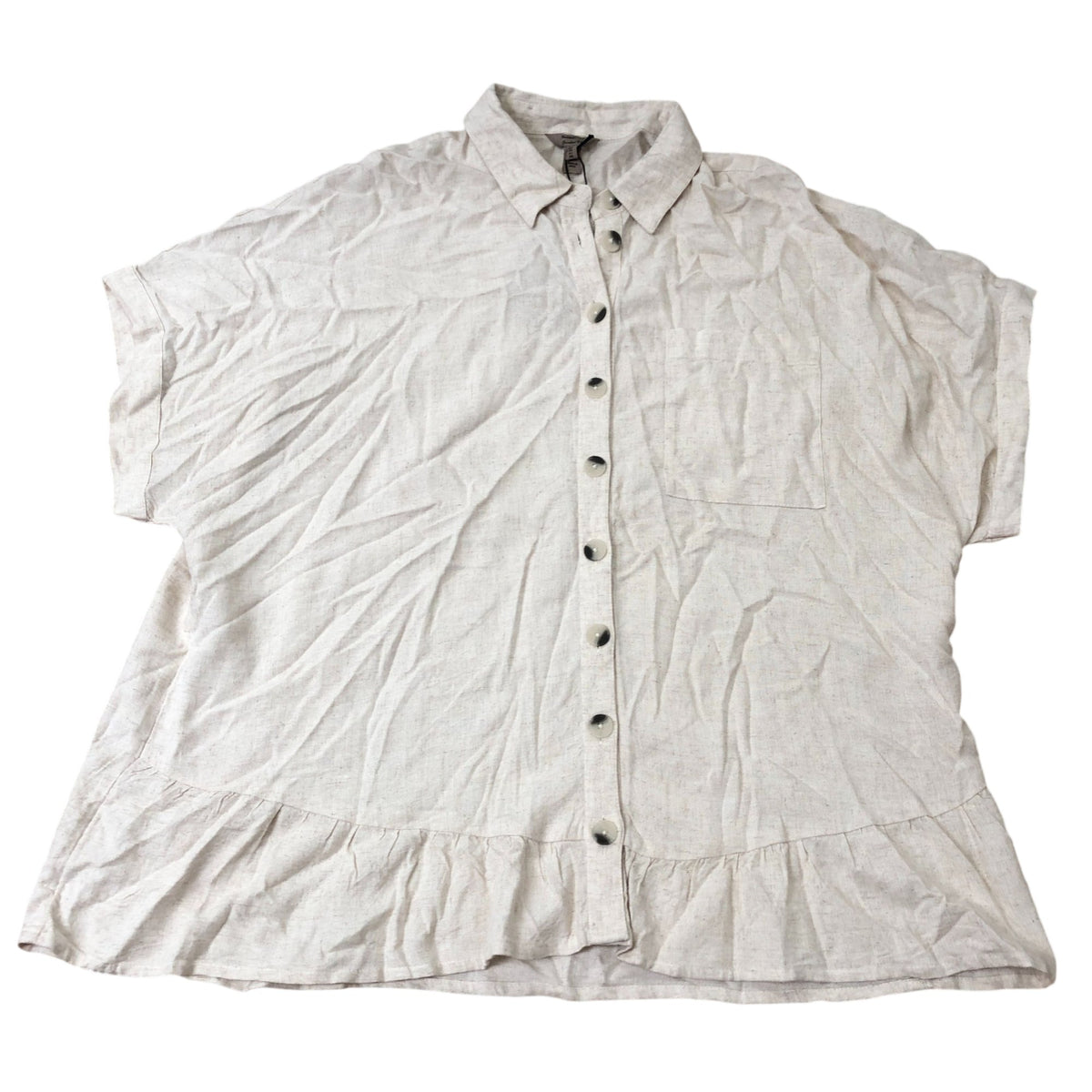 River Island Linen Blend Button Up Shirt Women's Short Sleeve Cream Casual Top L