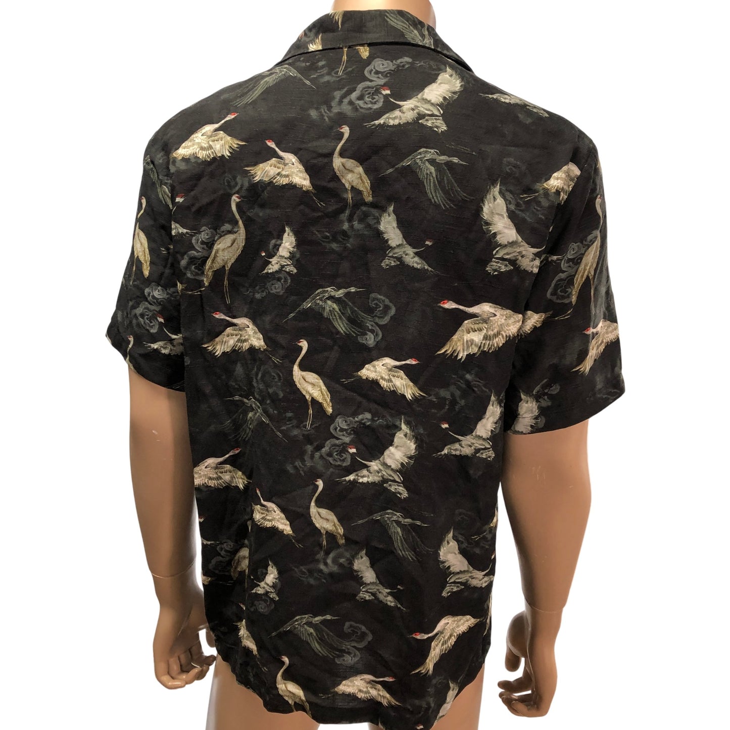 River Island Short Sleeve Shirt Men's Size Small Black Crane Print Viscose