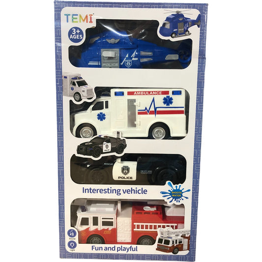 TEMI 4 Pack Emergency Vehicles Set Fun Police Fire Ambulance Toys Ages 3+