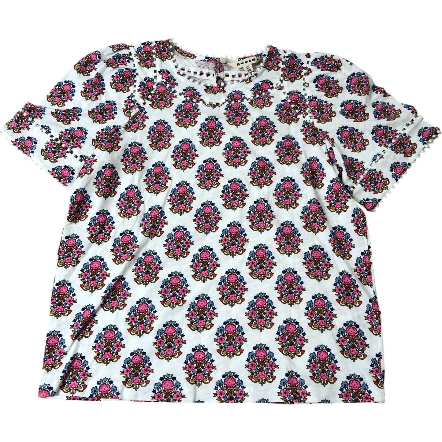 Boden Mila Trim Detail Top Women's Floral Pattern Short Sleeve Cotton Size 10