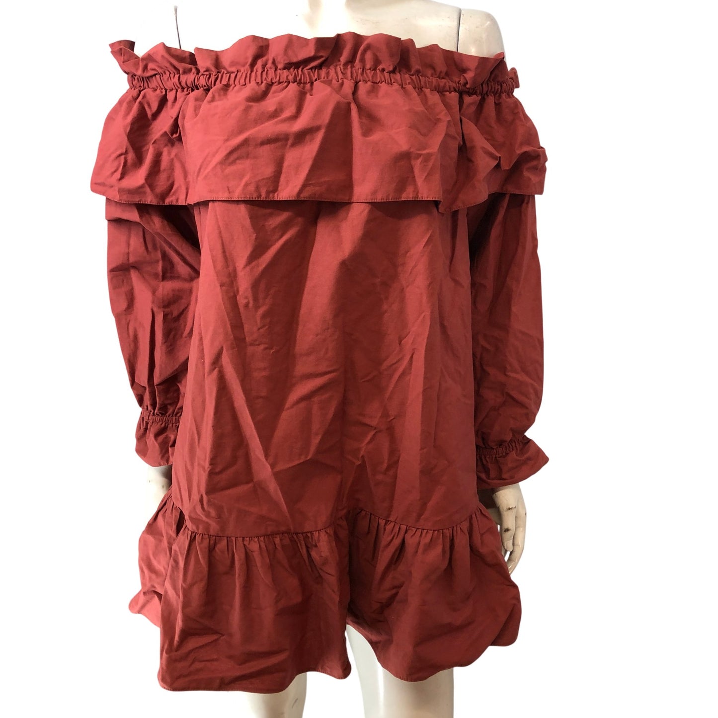 River Island Off The Shoulder Ruffle Dress UK12 Women's Cotton A-Line Rust Red