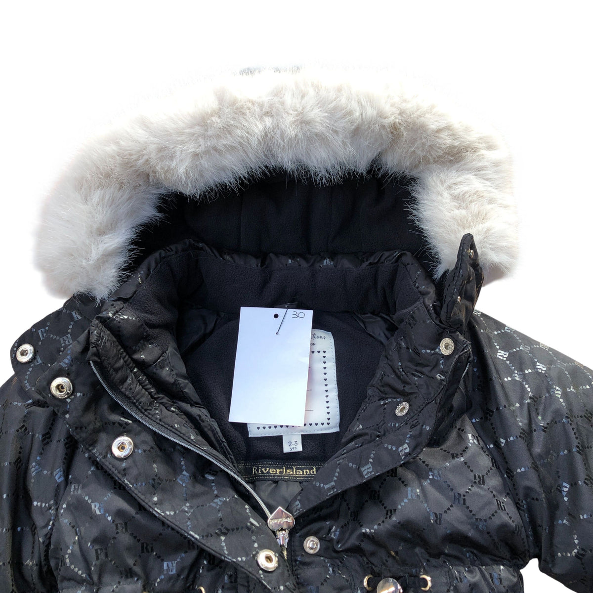 River Island Kids Coat 2-3 Years Unisex Black Faux Fur Hooded Padded Jacket
