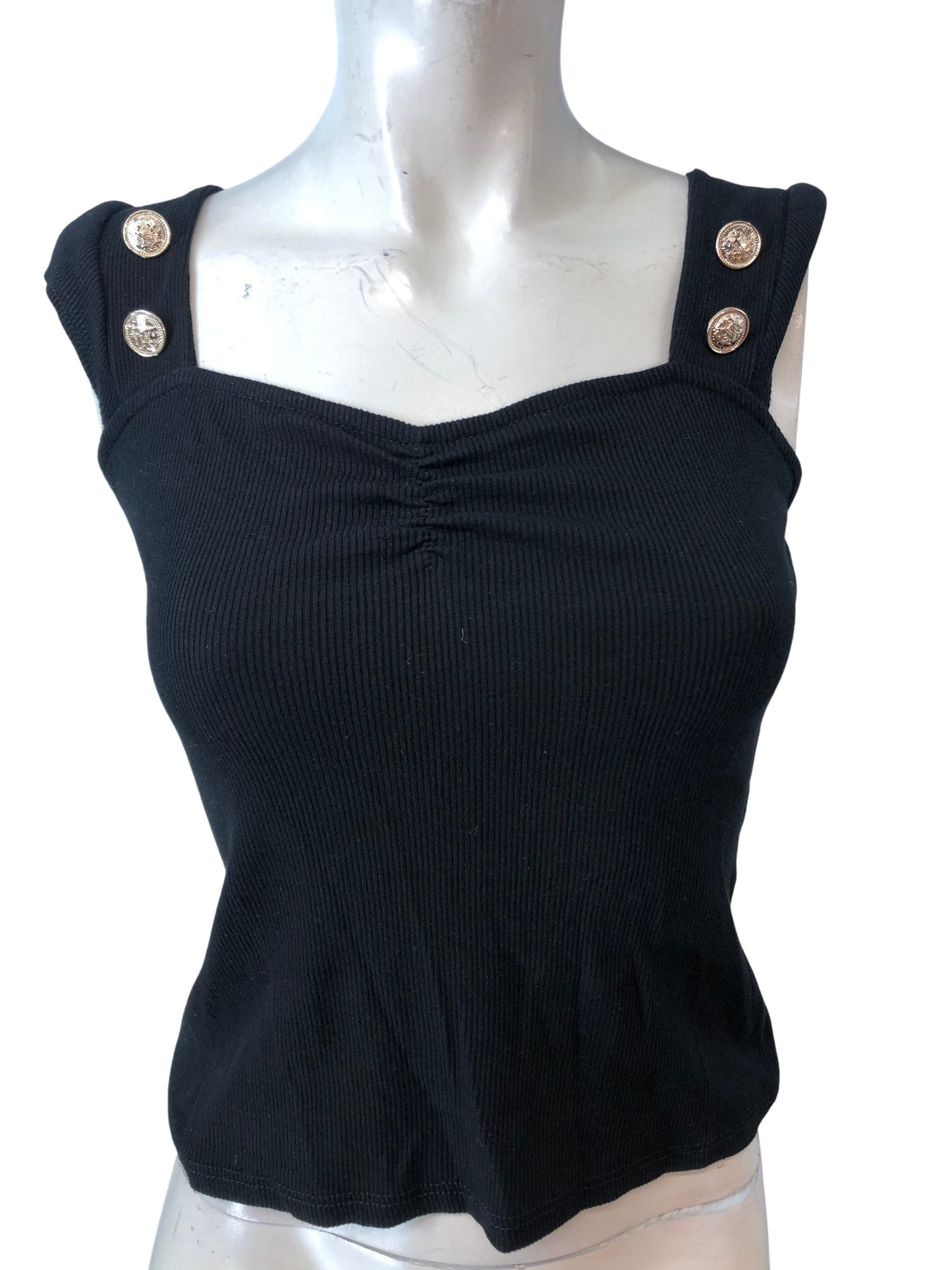River Island Studios Black Ribbed Tank Top XS Women's Button Detail Sleeveless
