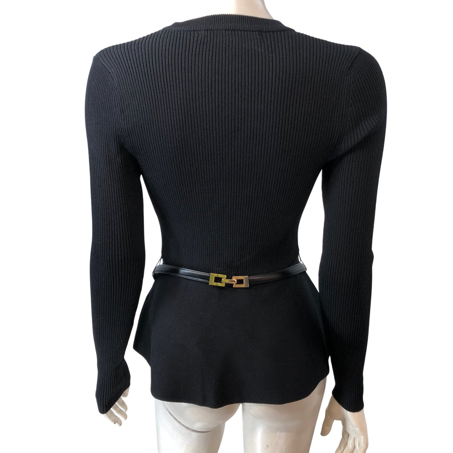 River Island Women's Black Ribbed Peplum Top Size UK10 Long Sleeve