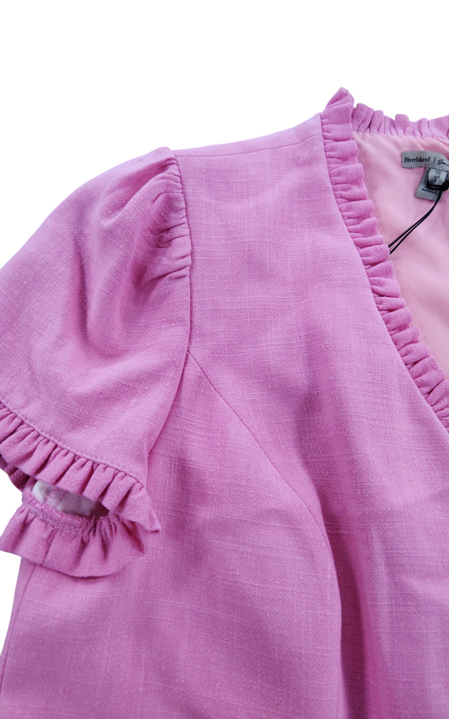 River Island UK10 Women's Pink Blouse Frill Detail Short Sleeve Top