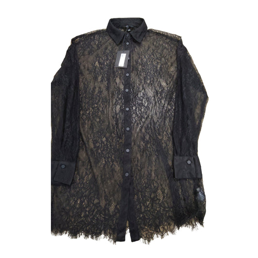 River Island Lace Blouse Black UK6 Women's Sheer Long Sleeve Button Up Chic Top