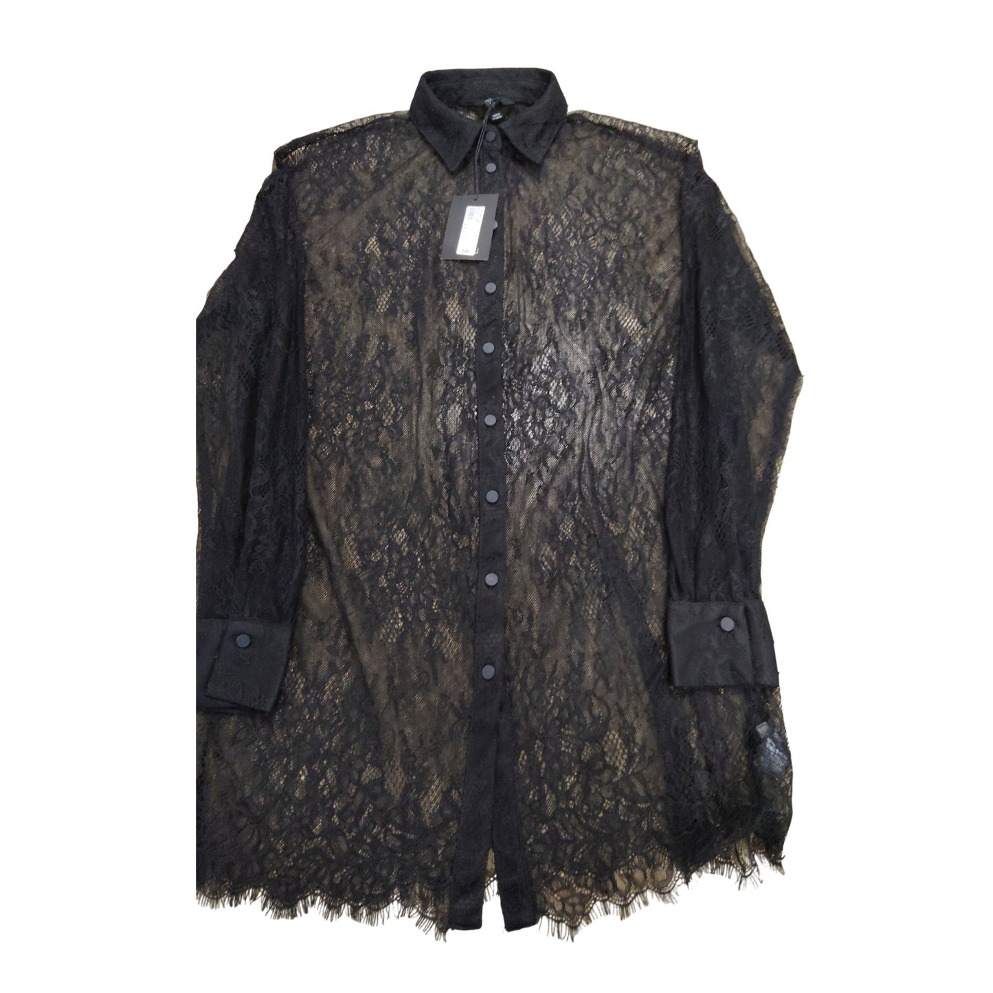 River Island Lace Blouse Black UK6 Women's Sheer Long Sleeve Button Up Chic Top