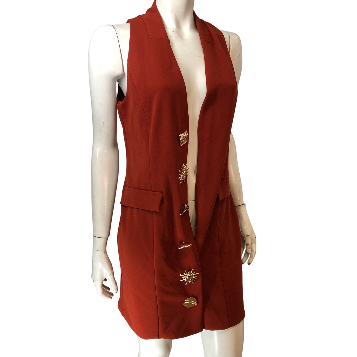 River Island Rust Sleeveless Dress UK 12 Women's Stylish V Neck With Buttons