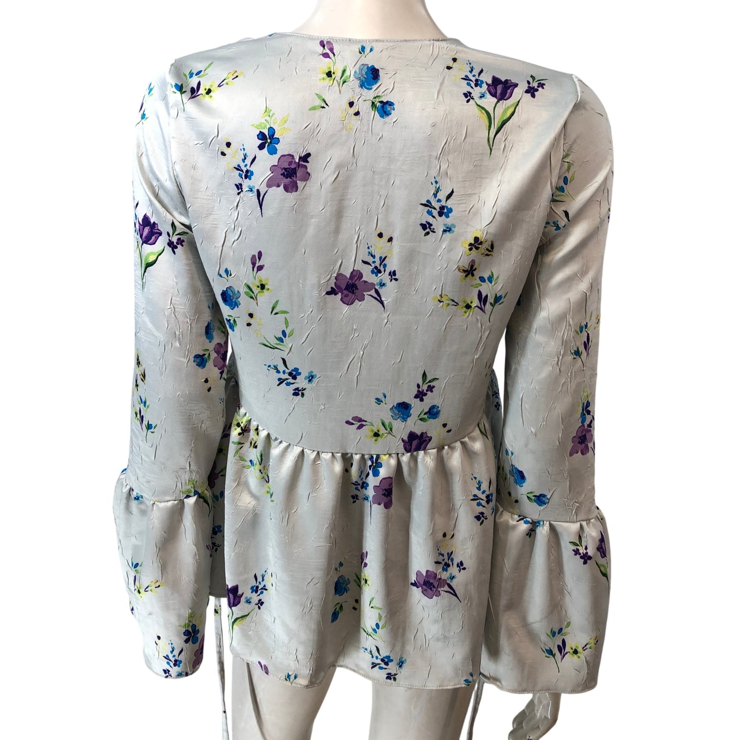 River Island Floral Print Peplum Top Women's Pale Silver Long Sleeve Size 8