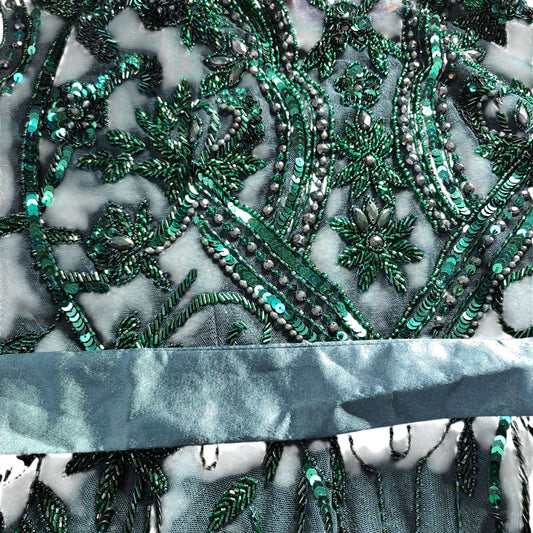 Long Green Beaded Evening Dress UK14 Women's Formal Sparkly Gown