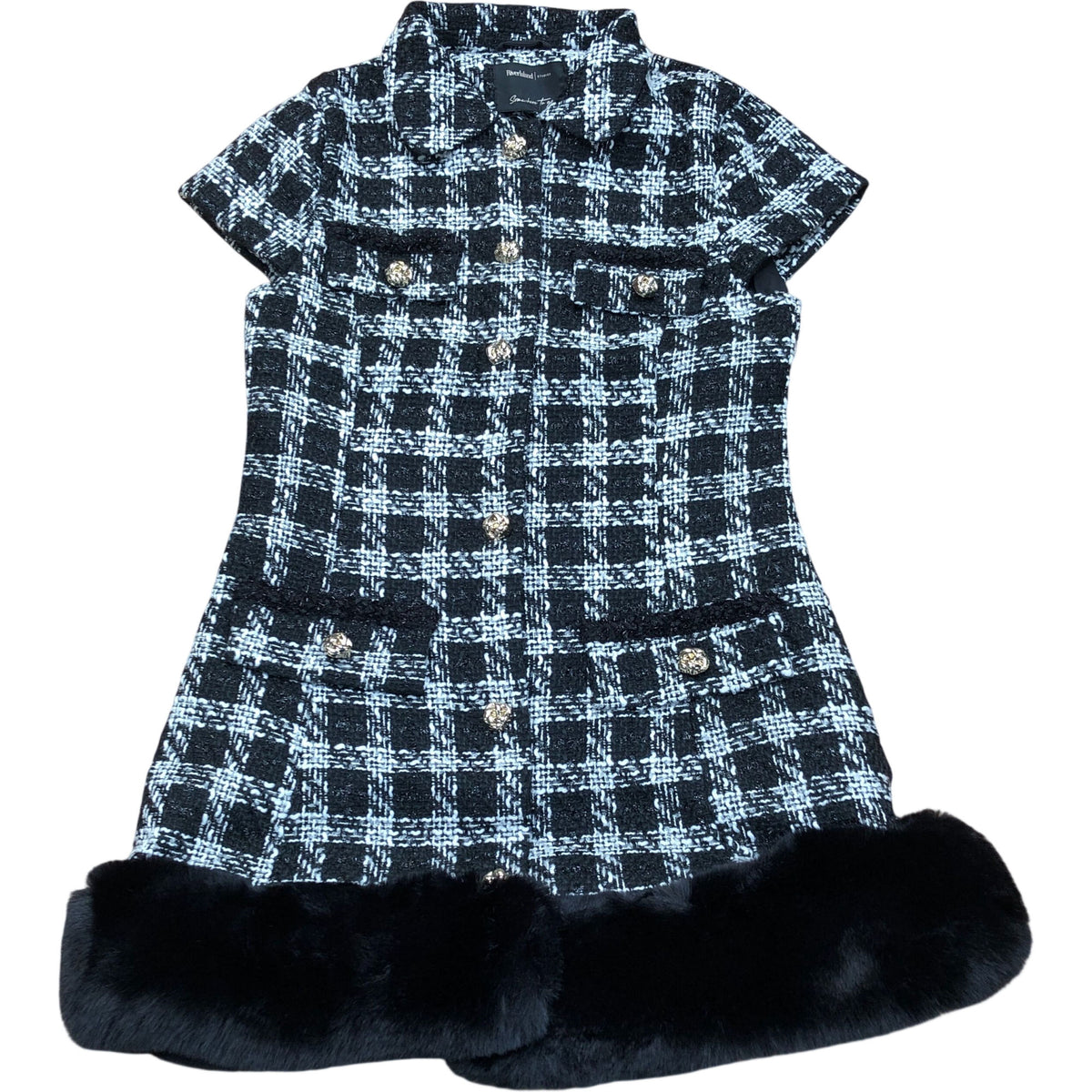 River Island Black White Checked Dress With Faux Fur Trim
