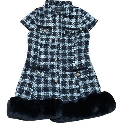 River Island Black White Checked Dress With Faux Fur Trim