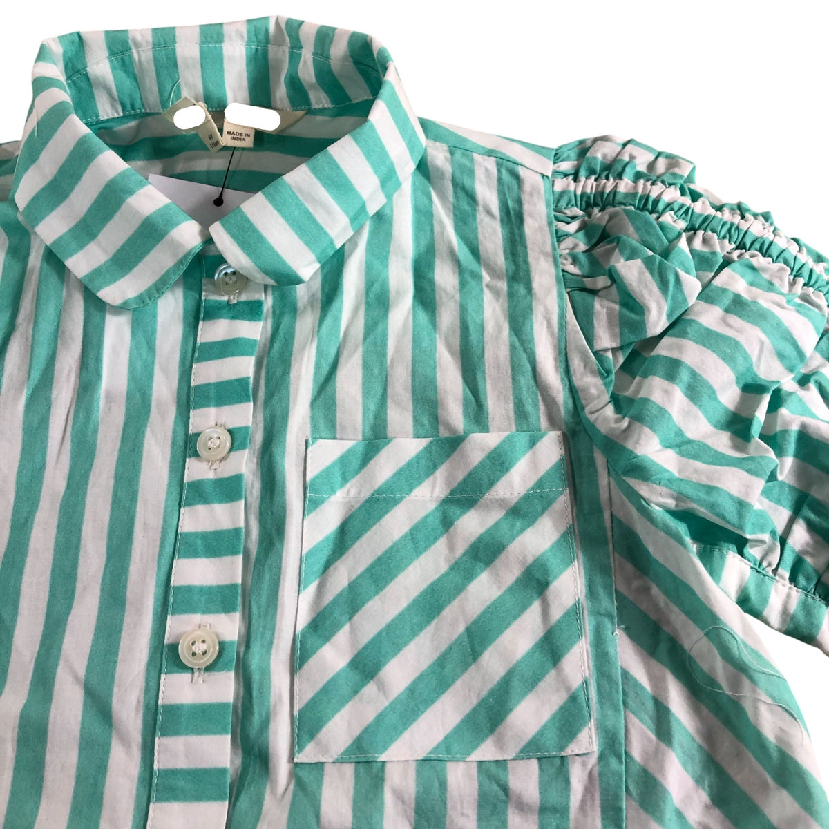Girls Short Sleeve Striped Shirt Size 6Years Green And White Cotton